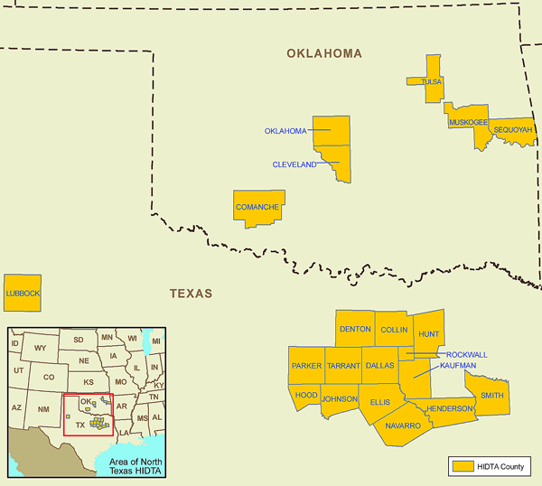 Map showing the North Texas High Intensity Drug Trafficking Area.