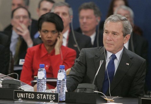 Secretary of State Condoleezza Rice and President George W. Bush attend the NATO summit in Brussels, Belgium, Tuesday Feb. 22, 2005.