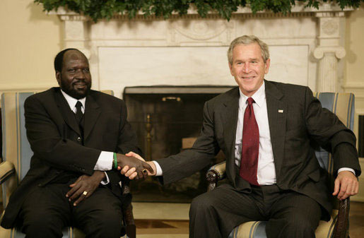 President George W. Bush welcomes Salva Kiir, the First Vice President of the Government of National Unity of Sudan and the President of Southern Sudan, during a meeting in the Oval Office Thursday, July 20, 2006. White House photo by Eric Draper.