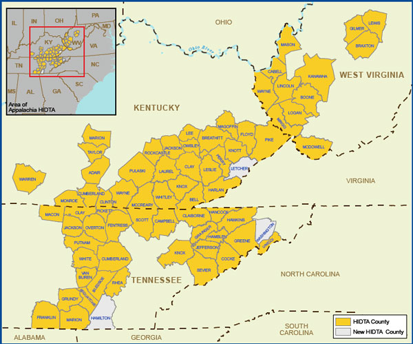 Map showing the Appalachia High Intensity Drug Trafficking Area.