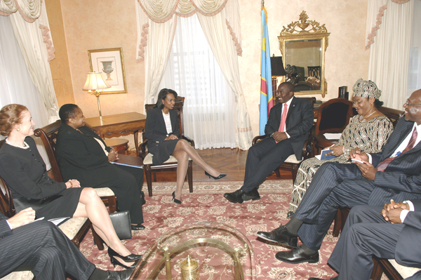 Secretary Rice and DROC President Kabila sit centered at a bilateral meeting during UNGA events.  State Dept. photo.