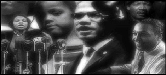 Montage of African-American faces including Malcolm X, Duke Ellington, a women in front of a podium of microphones, and a young girl