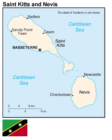 Map and flag of Saint Kitts and Nevis.