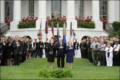 Vice President Dick Cheney and Lynne Cheney stand with former Prime Minister Margaret Thatcher of Great Britain for a moment of silence on the South Lawn September 11, 2006, to commemorate the fifth anniversary of the September 11th terrorist attacks.