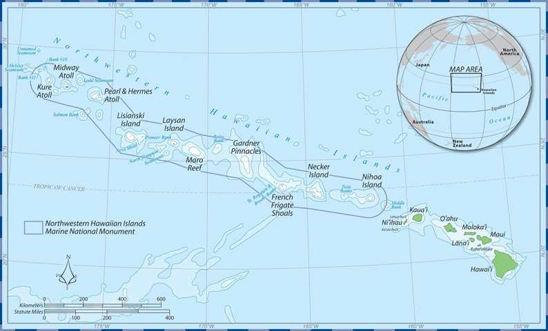 The Northwestern Hawaiian Islands are shown on a map of the Pacific Ocean.