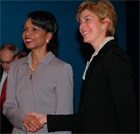 Secretary Rice shakes hands with Colombian Foreign Minister Carolina Barco. Bogota, Colombia, April 27, 2005. State Dept. photo.