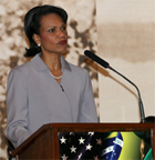 Secretary Rice delivers a speech as others look on, Brasilia, Brazil, April 27, 2005. State Dept. photo.