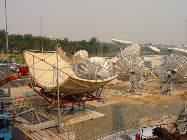 Photo of several satellite antennas manufactured by Antenna Technologies Corporation, Inc. of Arizona.