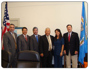 Pictured from left to right:  Nikolao Pula, Director of Insular Affairs; CNMI Representative Diego T. Benavente, Chairman, Committee on U.S. & Foreign Relations; CNMI Speaker of the Legislature Arnold I. Palacios; Pete P. Reyes, President of the Senate; Glenna P. Reyes, Deputy Director, Legislative Bureau; Doug Domenech, Acting Deputy Assistant Secretary for Insular Affairs, Ian Catlett, CNMI House Legal Counsel, not included in picture [Photo Credit:  Randy Beffrey, OIA] 