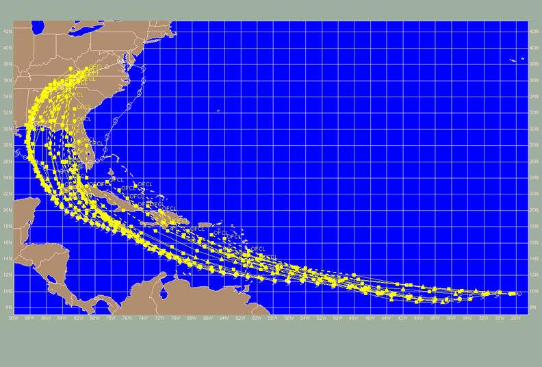 NHC Official forecast tracks (OFCL) for Hurricane Ivan