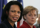 Secretay Rice and German Chancellor Angela Merkel brief the media in the Chancellery in Berlin, Tuesday, Dec. 6, 2005  following their bilateral meeting.