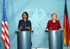 Secretary Rice and German Chancellor Angela Merkel at their press conference in Berlin, Tuesday, Dec. 6, 2005.