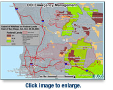 Graphics depicting wildfire areas on Federal Lands east of San Diego.
