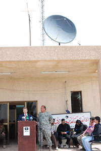 The U.S. Embassy Deputy Chief of Mission spoke (with translator standing next to him) at the opening of the Independent Radio & Television Network (IRTN) in Diyala on March 25, 2007. He congratulated the Iraqi broadcasters, calling them brave and courageous patriots of Iraq.