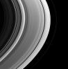 This view of the unlit side of Saturn's rings captures the small shepherd moon Pandora as it swings around the outside of the F ring. The F ring displays a few discrete bright clumps here