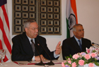 Secretary Powell with Minister of External Affairs Yaswant Sinha at their press availability in New Delhi. Photo by Miriam Caravella. 