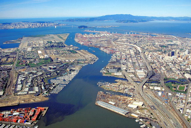 An aerial photo of the Port of Oakland in California.