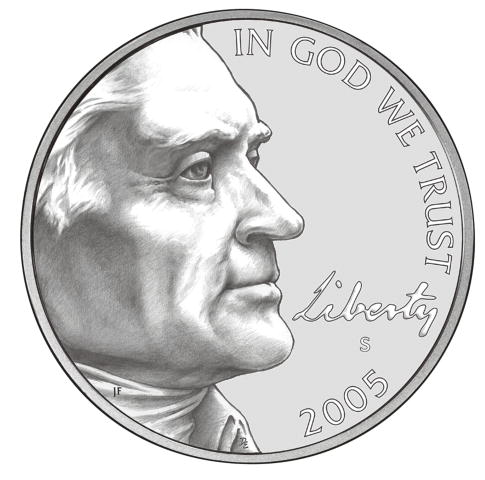 An image of the new 2005 nickel with a profile of President Thomas Jefferson and the word "Liberty" written in script between "In God We Trust" and "2005."