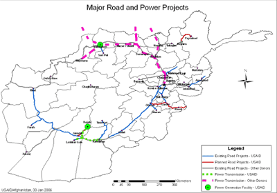 Map of Afghanistan highlighting major road and power projects