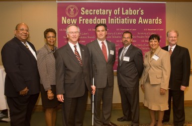 <P>Pictured with Assistant Secretary W. Roy Grizzard (third from left) prior to the awards ceremon are 2006 NFI Award recipients Ty Alexander, Highmark; Daisy Jenkins, Raytheon; Mike Ferdinandi, CVS/pharmacy; Rick Kressline, PRIDE Industries, Cheryl Locke, The RAVE Program, and Dr. Alan Hurwitz, National Technical Institute for the Deaf. Not pictured are indiviudal awardee Ilene Morris-Sambur, Jack Lavin, disabilityworks; and Mark Bertolini, Aetna.