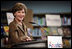 Mrs. Laura Bush delivers remarks Wednesday, June 6, 2007, at the Schwerin City Library in Schwerin, Germany. Said Mrs.Bush, "Our countries -- the United States and Germany -- are friends today because we both treasure freedom and we share a deep love of learning. I hope that new ties of friendship will form between Germany and the United States as a result of America@Your Library."