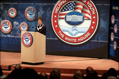 Mrs. Laura Bush addresses the Indiana Regional Conference on Helping America’s Youth, Tuesday, June 6, 2006, at Indiana University-Purdue University Indianapolis, in Indianapolis, Indiana. During her remarks, Mrs. Bush emphasized the need for awareness of the challenges facing today’s youth and the need for adults to care, connect and commit. White House photo by Shealah Craighead