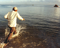 A Cuban man runs desperately to reach a raft leaving Cuba. AP Photo