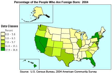 Map of the U.S. from the U.S. Census Bureau showing the percentage of people who are foreign born from the 2004 American Community Survey.