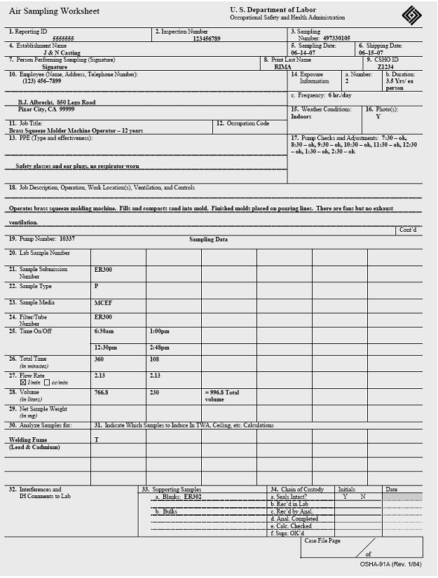FIGURE II: 1-24. FRONT OF COMPLETED AIR SAMPLING WORKSHEET FORM OSHA-91A - Accessibility Assistance: For problems using figures and illustrations in this document, please contact the Office of Science and Technology Assessment at (202) 693-2095.