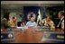 Vice President Dick Cheney attends a classified briefing, Friday, May 11, 2007, aboard the aircraft carrier USS John C. Stennis in the Persian Gulf. Seated with the Vice President from left is U.S. Ambassador to the United Arab Emirates Michele Sison; U.S. naval commander Vice Admiral Kevin J. Cosgriff; USS John C. Stennis Strike Group Commander Rear Admiral Kevin Quinn; Chief of Staff to the Vice President David Addington. 