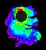 This map shows the thickness of the south polar layered deposits of Mars, an ice-rich geologic unit that was probed by the Mars Advanced Radar for Subsurface and Ionospheric Sounding (MARSIS)