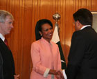 Secretary Rice met with Pakistani President Pervez Musharraf at the Presidential Palace today. She was accompanied by Ambassador Ryan Crocker. State Department photo by Josie Duckett.