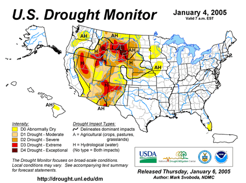 An animation of the U.S. Drought Monitor for 2005.  One image per month from January to December.