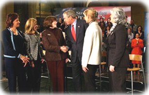 Pictured with the President from left to right are: Lurita Doan of Reston, Va.; Maria Coakley David of Falls Church, Va.; Sharon Evans of Fort Worth, Texas; Nancy Connolly of Littleton, Mass.; and Catherine Giordano of Virginia Beach, Va. White House photo by Tina Hager. 