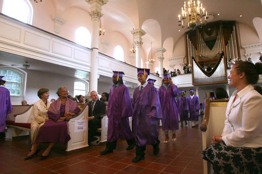 Mrs. Laura Bush attends the sixth grade graduation ceremony of the Elsie Whitlow Stokes Community Freedom Public Charter School Friday, June 15, 2007, at All Souls Unitarian Church in Washington, D.C. "Nine years ago, your school was established to honor the legacy of Elsie Whitlow Stokes -- an Arkansas elementary-school teacher who, over the course of 36 years, helped thousands of young people become responsible, compassionate citizens," said Mrs. Bush in her commencement address. White House photo by Shealah Craighead