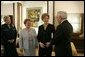 Laura Bush talks with, from left, Sheila Kurtzer, wife of U.S. Ambassador to Israel Daniel Kurtzer, Gila Katsav, wife of the Israeli president, and Israeli President Moshe Katsav at the president’s residence in Jerusalem, Sunday, May 22, 2005. White House photo by Krisanne Johnson