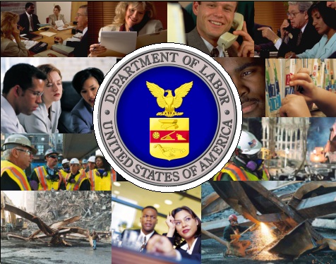 Photo montage of people in the workplace and the DOL seal.
