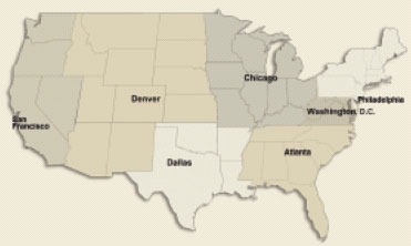 Map of United States highlights Atlanta, Chicago, Dallas, Denver, Philadelphia, San Francisco, and Washington D.C.