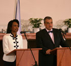 Secretary of State Condoleezza Rice and Minister of Foreign Affairs of the Czech Republic Karel Schwarzenberg during the press conference, Prague, July 8  Photo by Lisa Fife, U.S. Embassy