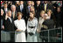 With his left hand resting on a family Bible, President George W. Bush takes the oath of office to serve a second term as 43rd President of the United States during a ceremony at the U.S. Capitol, Thursday, Jan. 20, 2005. Laura Bush, Barbara Bush, and Jenna Bush listen as Chief Justice William H. Rehnquist administers the oath.