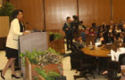 Secretary Rice takes questions from the Edward R. Murrow Journalism Program Participants in the  Loy Henderson Auditorium.  State Department photo by Michael Gross