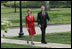 President and Laura Bush return to the White House after attending the dedication of the Abraham Lincoln Presidential Library and Museum Tuesday, April 19, 2005.