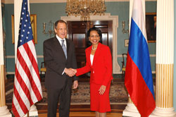 Secretary of State Condoleezza Rice and Russian Foreign Minister Sergei Lavrov shakes outside her office in the Treaty Room.  State Department photo by Michael Gross.