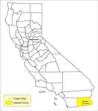 This map illustrates location of Imperial County in the southeastern corner of the state of California, bordered by San Diego County on the west, Riverside County on the north, Arizona on the east and on the south by the Republic of Mexico. The Cities of Brawley and El Centro are located in the central portion of the county.