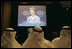 Audience members listen to Laura Bush discuss freedom and democratic values in the Middle East during a plenary session of the World Economic Forum at the Dead Sea in Jordan Saturday, May 21, 2005.