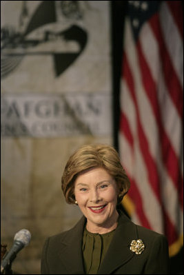 Mrs. Laura Bush delivers remarks to the U.S.-Afghan Women's Council Thursday, January 17, 2008, at Georgetown University in Washington, D.C. During her remarks, Mrs. Bush said, "Council initiatives have educated women judges and lawyers about Afghanistan's new constitution. Women parliamentarians have come to the U.S. to meet with members of Congress. Hundreds of midwives are being trained to help reduce Afghanistan's high maternal mortality rate. Micro-credit loans have been extended to Afghan entrepreneurs. Afghan women manage community banks, and attend graduate-level business seminars in the United States."