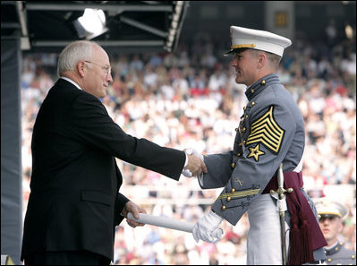 Vice President Dick Cheney presents a diploma to a U.S. Military Academy graduate during commencement ceremonies at Michie Stadium Saturday, May 26, 2007, in West Point, N.Y.