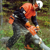 Person cutting log with a chain saw