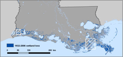 map showing extensive wetland losses