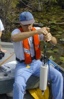 Preparing a water-quality meter to measure field -- See full caption below